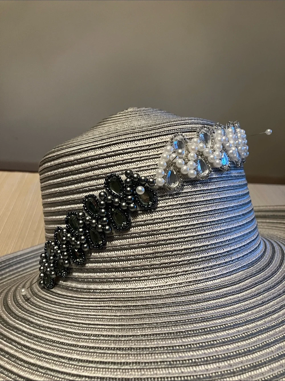 Elegant  Light Gray Wide-Brim Hat With Crystal and Beaded Embellishments